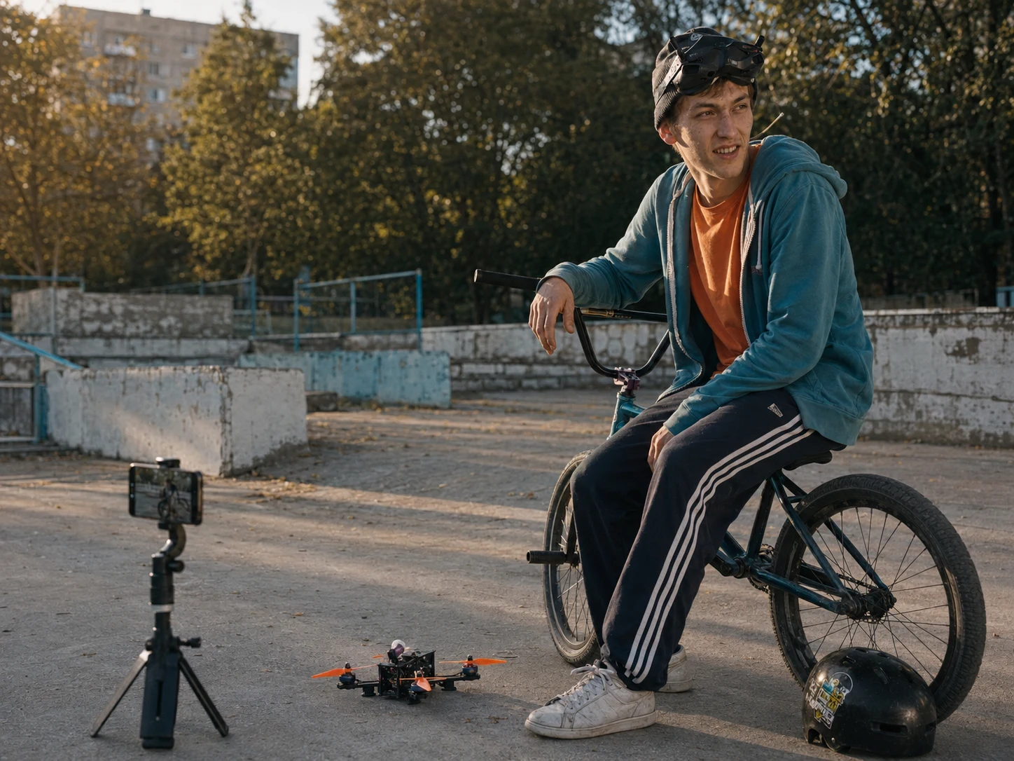 Блогер на велосипеде с FPV-гарнитурой
